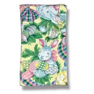 Vintage Yellow and Pink Floral bunny Easter round Table cloth Linens for Dining